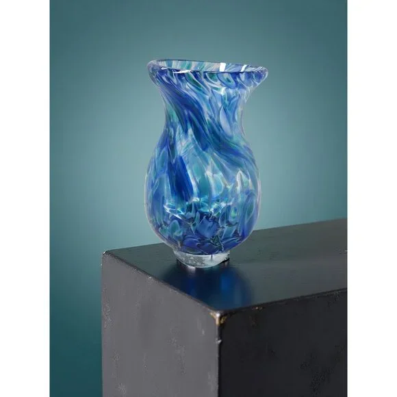 Vintage Hand Blown Blue,Teal Swirl Pattern Heavy Pedestal Bottom Vase - Picture 5 of 12